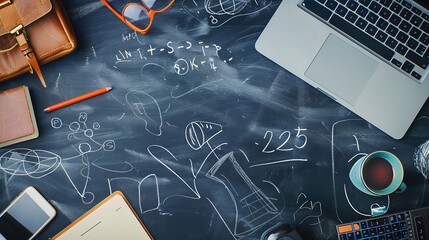 Fototapete - Flat lay of laptop on chalkboard table Background : Generative AI