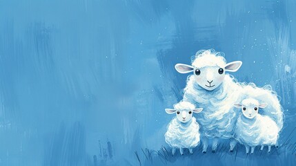 Poster - Sheep family illustration on blue, for Eid al Adha. Includes text space for messages.