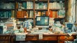Doctor's desk, Cluttered desk and bookshelves and scattered professional paraphernalia 