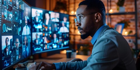 Poster - Confident Businessman Leading Interactive Video Conference with Global Remote Teams