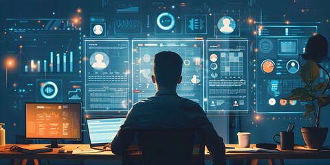 Poster - The digital workplace of a remote manager overseeing employee activity and organizational metrics through a futuristic interactive interface