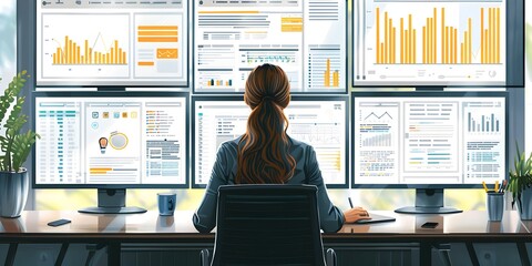 Poster - Business Executive Overseeing Remote Team Management Through Digital Platforms and Analytics