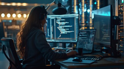 Aufkleber - A female engineer focused on improving programming and data protection processes in the data center, developing new solutions and methods to improve network efficiency.