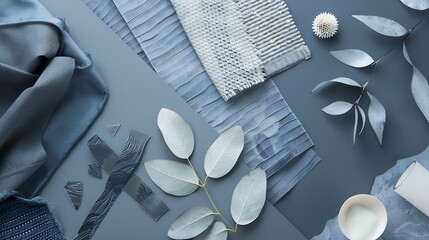 Wall Mural - Aesthetic  flat lay composition in grey and navy color palette with textile and paint samples lamella panels leaves and tiles Architect and interior designer moodboard Top view Copy sp : Generative AI
