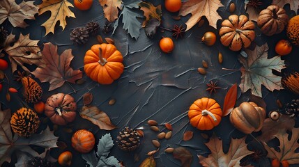 Aufkleber - Thanksgiving and Autumn decoration concept made from autumn leaves and pumpkin on dark background Flat lay top view with copy space : Generative AI
