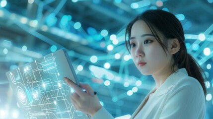 Poster - asian businesswoman using a digital tablet to present high-tech concepts to clients in a futuristic 