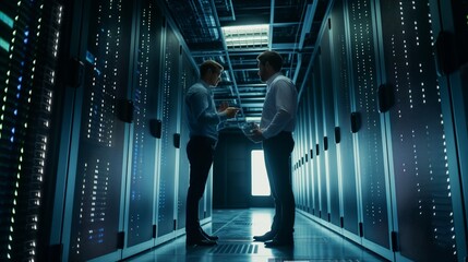 Poster - A data analytics professional in a data center uses advanced techniques and tools to identify and analyze large amounts of information. Internet speed optimization. Men in the Server Room