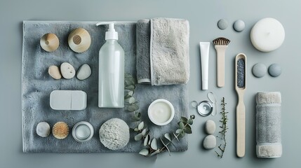 Poster - Various spa related objects on gray background top view Body and skin care flat lay with copy space Beauty care concept : Generative AI
