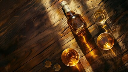Poster - Scotch whiskey bottle and glasses on wooden table With copy space Top view flat lay : Generative AI
