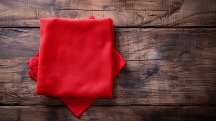 Poster - top view with red empty kitchen napkin isolated on table background Folded cloth for mockup with copy space Flat lay Minimal style : Generative AI