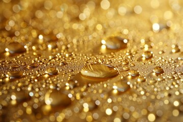 Poster - Golden water droplets glisten on a shiny surface, creating a luxurious and rich texture