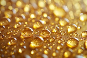 Poster - A detailed shot capturing the serene beauty of water droplets glistening on a luminous golden background, evoking warmth and elegance