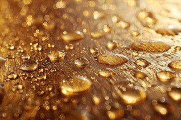 Poster - This striking image shows numerous water drops on a golden surface, highlighting the contrast and interplay between liquid and metal
