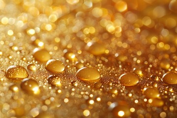 Poster - This image beautifully captures water drops on a reflective golden surface with a soft bokeh background for a dreamy feel