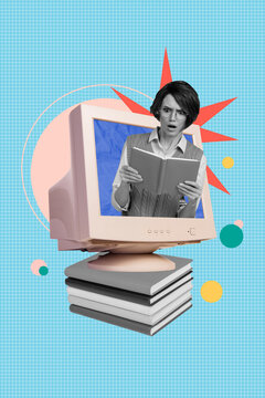 Vertical collage of library visitor young woman reading books inside computer pc monitor staring story genre isolated on blue background