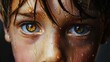 Child's face with tears, close-up, rendered in a hyper-realistic painting style.