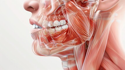 Close-up of a clenched jaw and tightened neck muscles indicating severe toothache, against a plain white background, styled as a high-definition medical illustration.