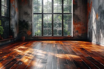 Poster - This image captures an empty room with a large window letting in light, with plants adding a touch of life to the industrial setting