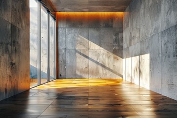 Poster - A well-lit room with sunlight casting sharp shadows on concrete walls, highlighting the sleek design and architectural beauty