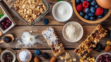 Poster - Tasty granola bars and ingredients on wooden table flat lay : Generative AI