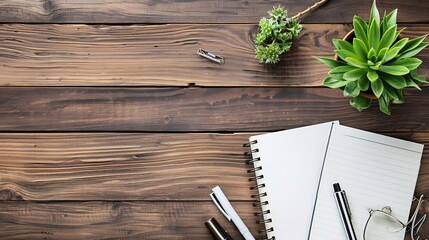 Poster - Wood office desk table with blank notebook and supplies Top view with copy space flat lay : Generative AI