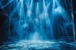 Streams of blue light cut through haze in a gothic-style hall, creating a cool mysterious ambiance