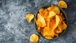 © Generative AI - Flat lay composition with corn chips on gray background top view : Generative AI