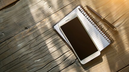 Aufkleber - Blank notepad on with smart phone on desktop viewflat lay : Generative AI