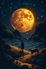 Wall Mural - Eid Al-Adha greeting theme with sheep and shepherd in the field at night with full moon in paper cut style