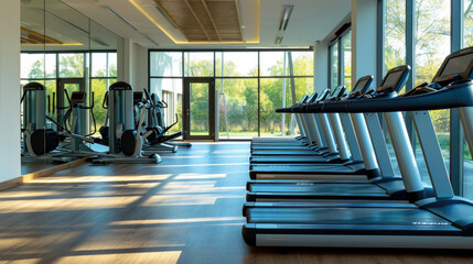 Modern gym interior with equipment. Fitness club with row of treadmills for fitness cardio training in evening backlight