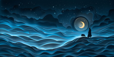 Wall Mural - Eid Al-Adha greeting theme with sheep and shepherd in the field at night with crescent moon in paper cut style