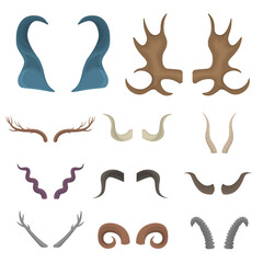 Wall Mural - PNG, Horny hunting trophy of argali sheep, ibex, african buffalo, stag and reindeer. Icons in flat design. Set of horn of different animals isolated on a white background.
