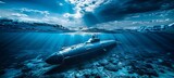 Fototapeta  - Military nuclear submarine launching torpedo missile in vast expanse of open ocean