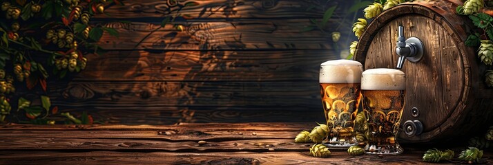 Rustic Craft Beer Ensemble: Hops, Barrel, and Golden Ale