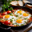 Close up of shakshuka eggs breakfast dish with fresh tomatoes and herbs in a pan on kitchen table	