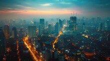Aerial View Of Jakarta, Sprawling Urban Landscape At Dusk
