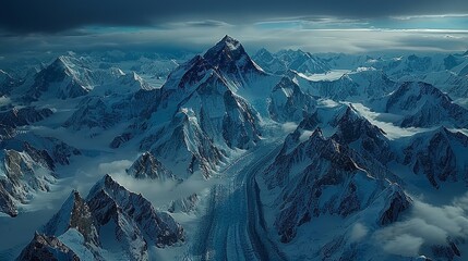 Wall Mural - Aerial view of K2 and surrounding glaciers, challenging peaks and ice valleys