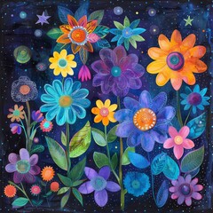 Wall Mural - watercolor painting of vibrant flowers in the night sky
