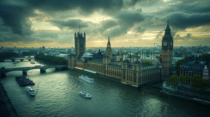 Wall Mural - Aerial view of London with the Thames River, cloudy sky
