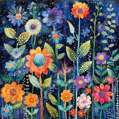 Wall Mural - watercolor painting of vibrant flowers in the night sky