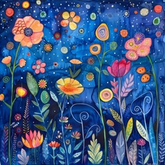 Wall Mural - watercolor painting of vibrant flowers in the night sky