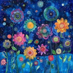 Wall Mural - watercolor painting of vibrant flowers in the night sky