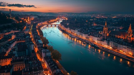 Wall Mural - Aerial view of Lyon, intertwining rivers and historical architecture, twilight