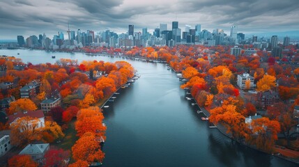 Wall Mural - Aerial view of Montreal in autumn, fall colors and city blend