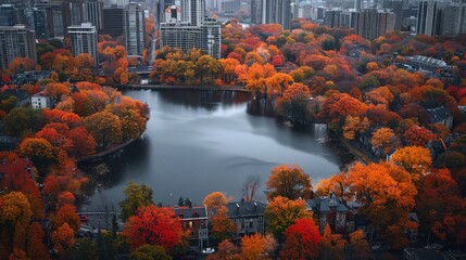 Wall Mural - Aerial view of Montreal in autumn, fall colors and city blend