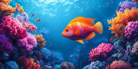 Wall Mural - colorful tropical fish in a coral reef on  blue sea  background,