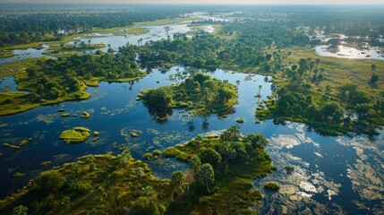 Wall Mural - Aerial view of the Okavango Delta at flood season, expansive wetlands and diverse fauna