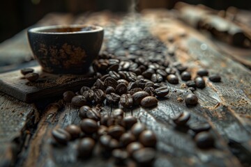 Wall Mural - Coffee beans scattered on an old wooden table, with one small cup in the center. The background is dark, moody, rustic and blurred. A vintage wooden cup filled with black coffee.