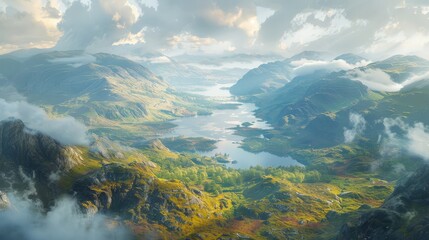 Wall Mural - Aerial view of the Scottish Highlands, rugged terrain and misty lochs