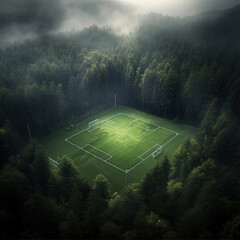 Wall Mural - Aerial view of a soccer field in a foggy forest.